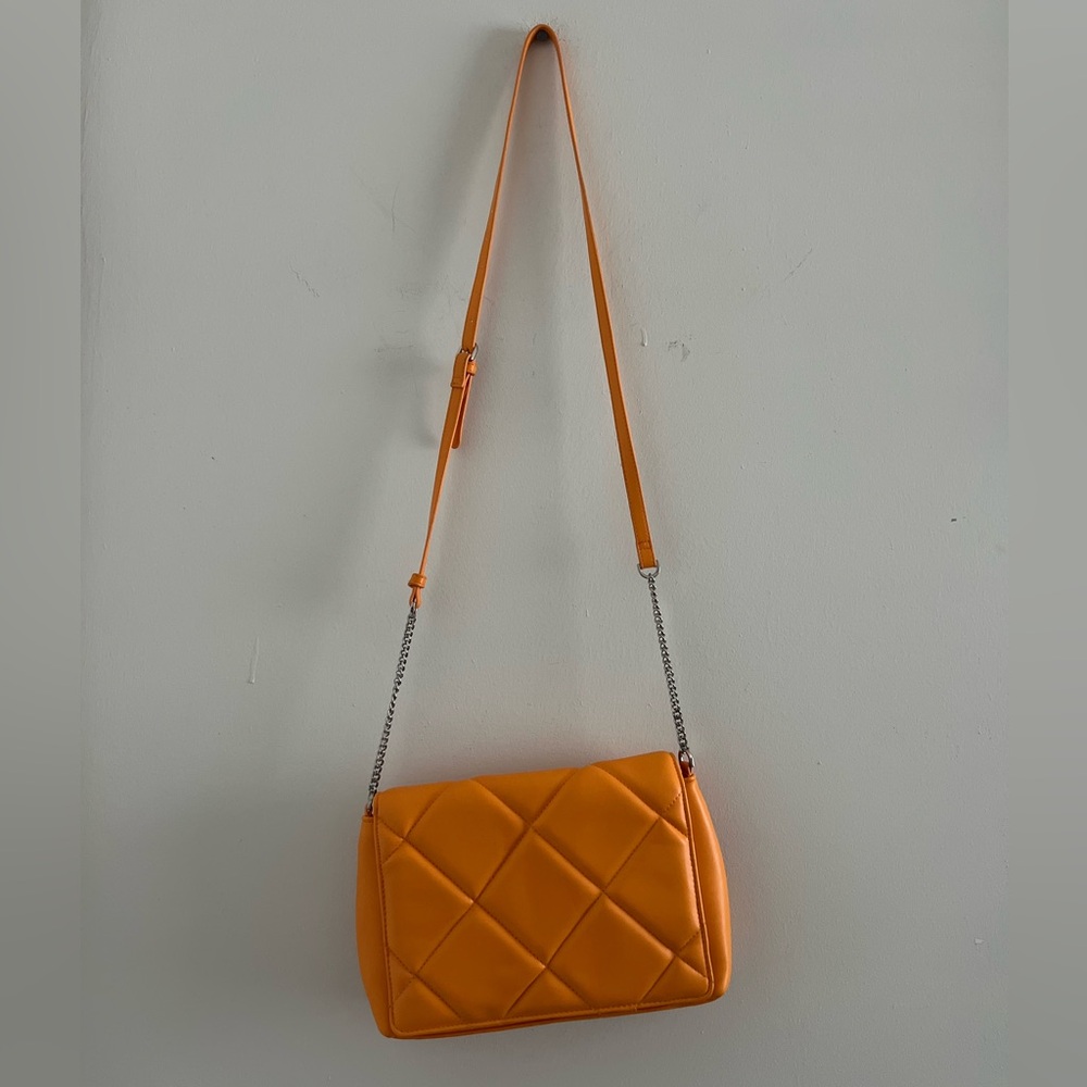 Orange Quilted Chain Shoulder Cross Body Adjustable Fall Bag Purse - Picture 2 of 5